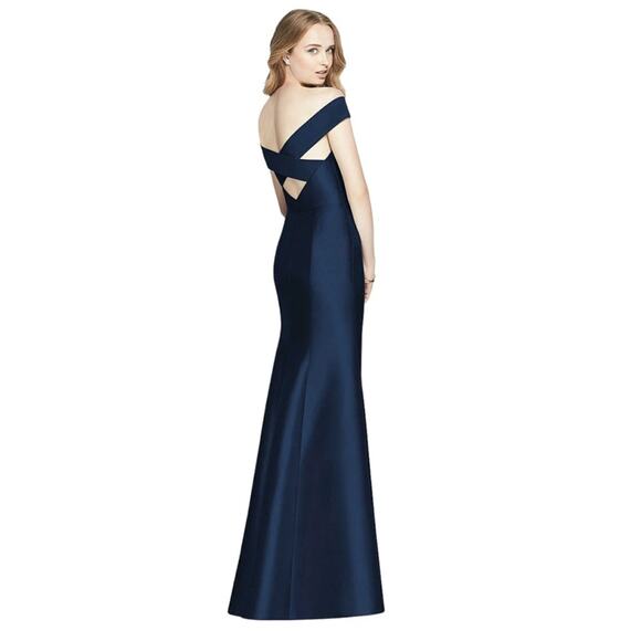 ALFRED SUNG Cross Back Off The Shoulder Satin Twill Navy Gown - Picture 1 of 9